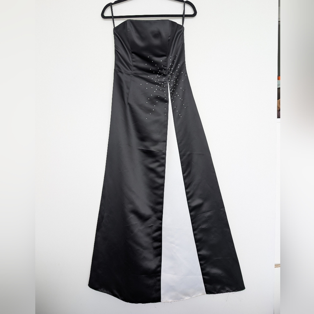 Vintage Jessica McClintok For Gunne Sax Black White Strapless Formal Gown Sz 3/4